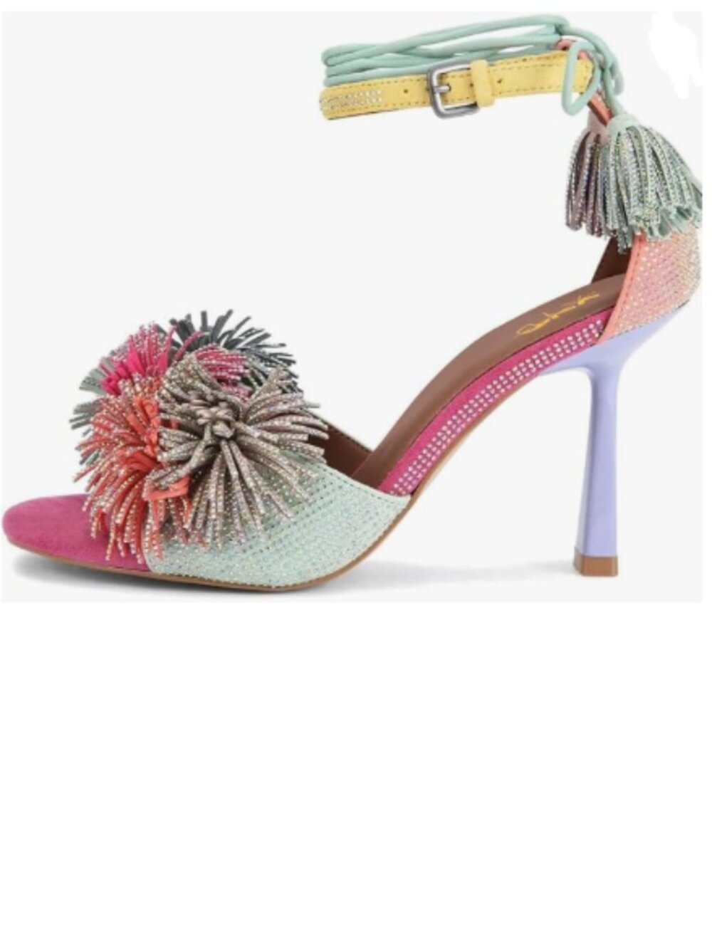 XYD Pink Green Open Toe Rhinestones Studs Multicolored Tassel Lace-up Sandals